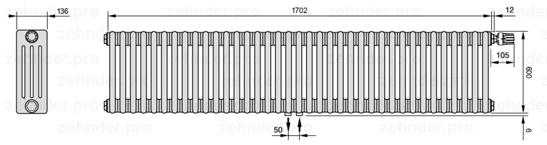 Схема (чертеж) Радиатор Zehnder Charleston 4060/37 №V008 Белый глянцевый RAL 9016
